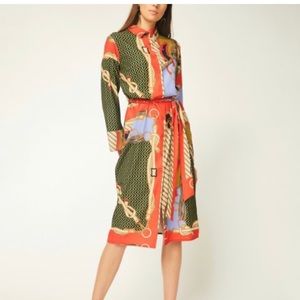 SWEETORANGE green/coral print, wrap-style dress with sash, size M